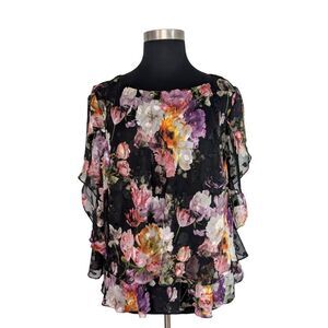 Alex Evenings 3X Black Purple Floral Top Short Sleeve Elegant Whimsy Fairy